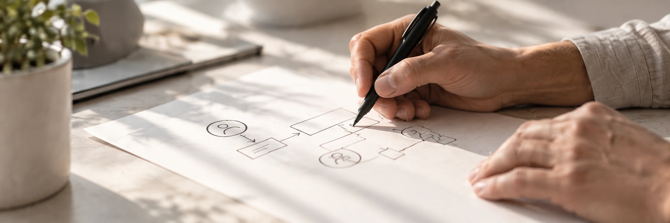 Hands mapping a business workflow on paper